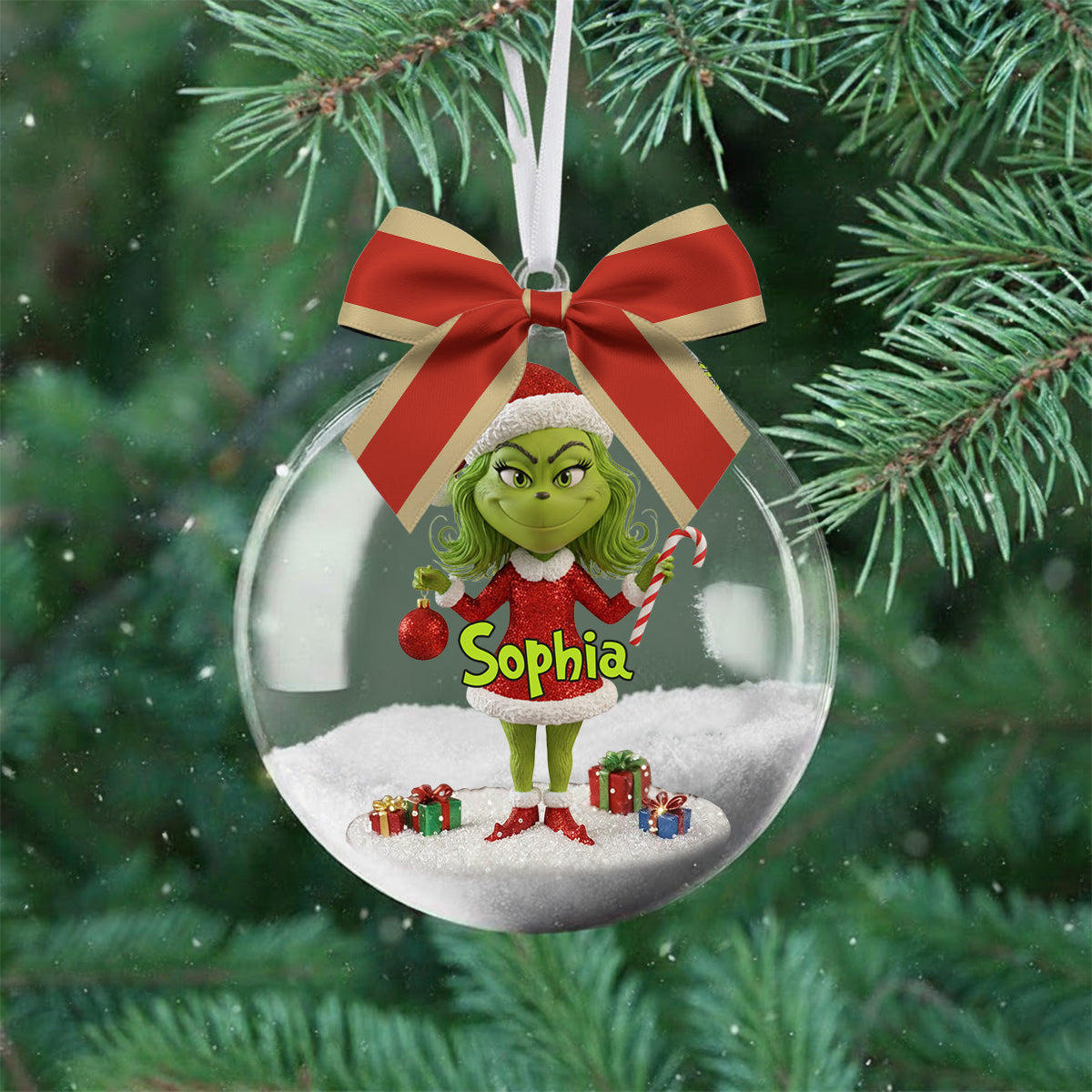 Merry Grinchmas - Personalized Stole Christmas Snow Globe Ornament With Bow