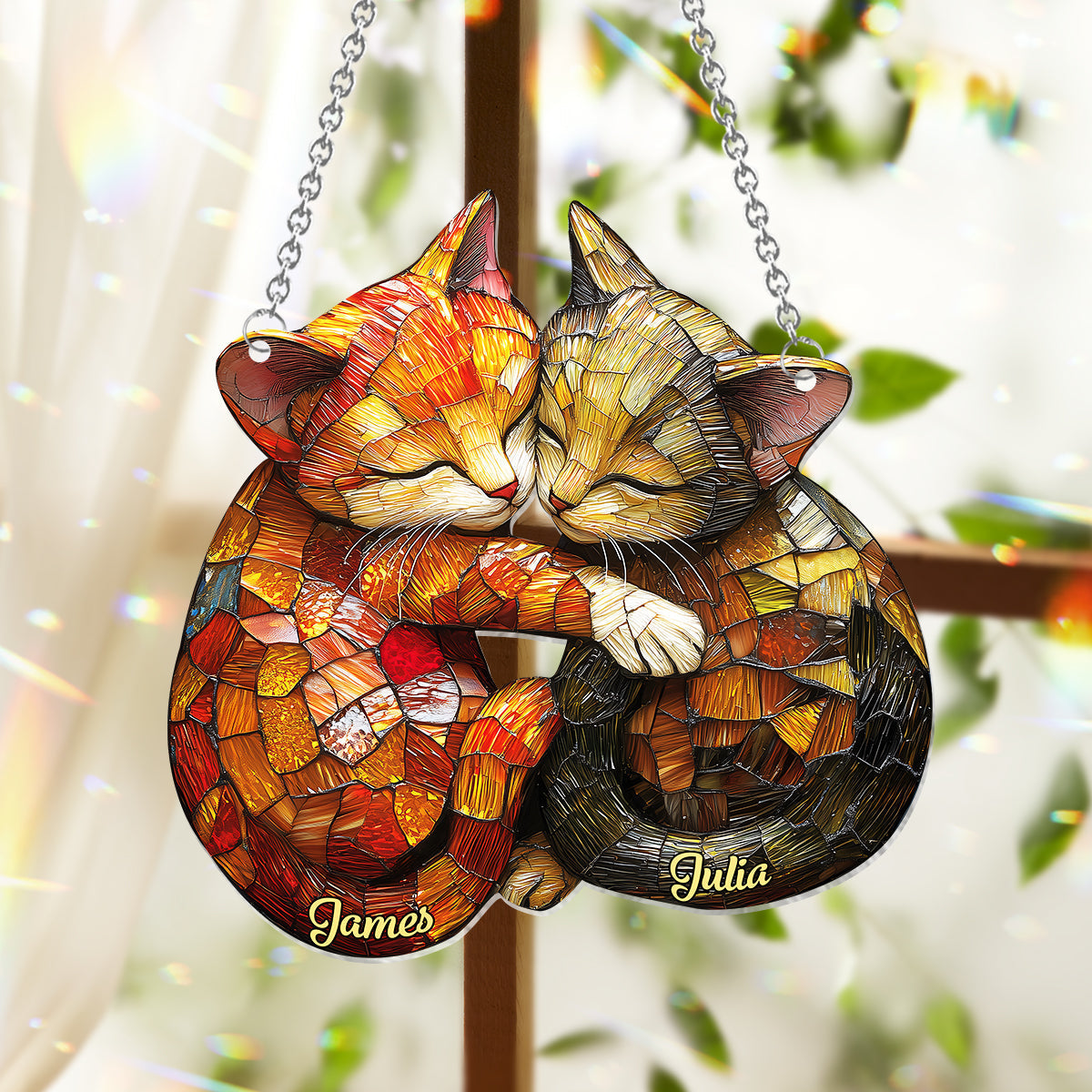 Couple de chats mignons - Décoration attrape-soleil personnalisée à suspendre à la fenêtre 