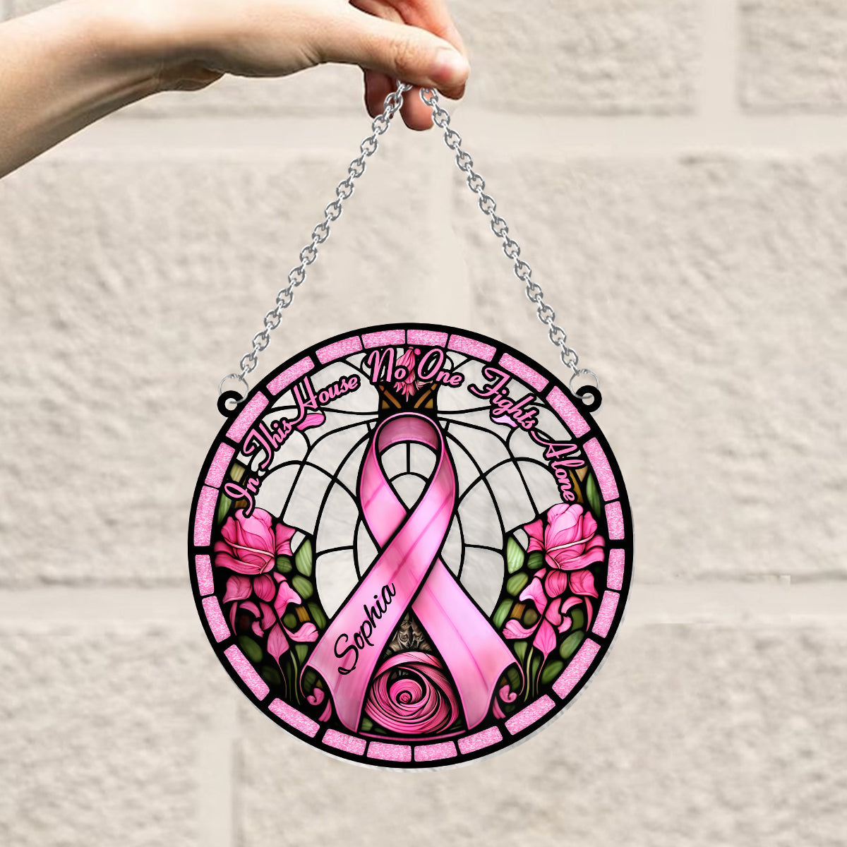 In This House No One Fights Alone - Personalized Breast Cancer Awareness Window Hanging Suncatcher Ornament