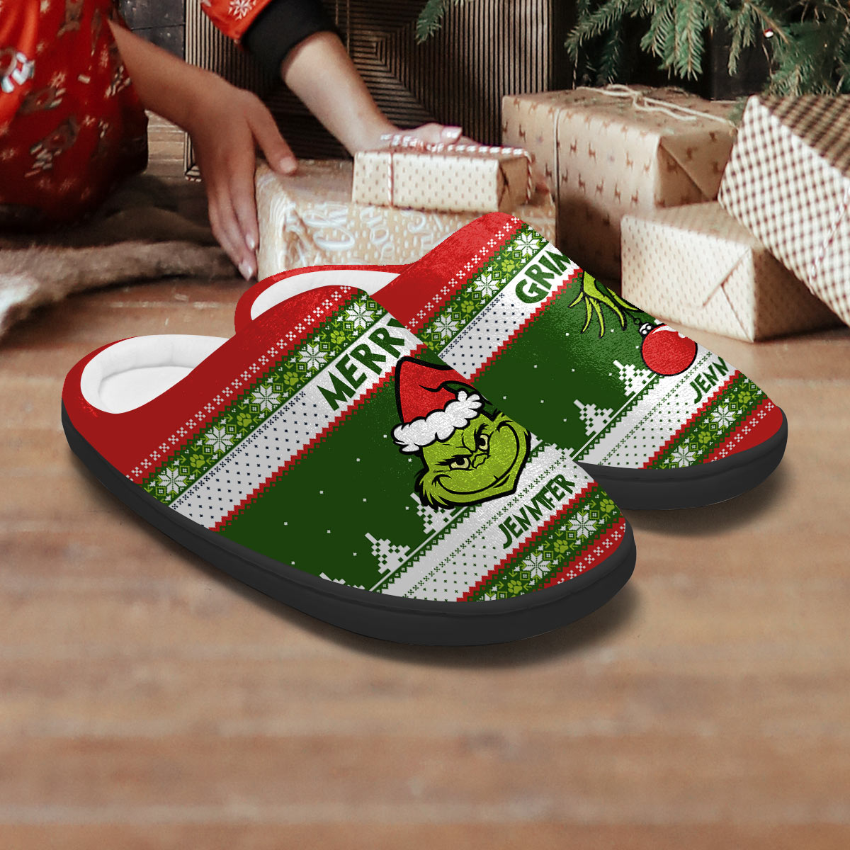 Joyeux Grinchmas - Étole de Noël personnalisée - Pantoufles de Noël
