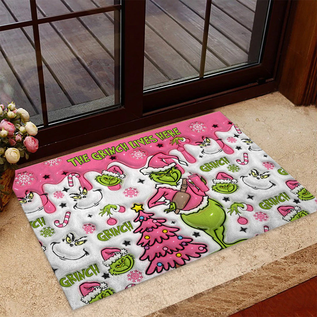 The Grinch Lives Here - Personalized Stole Christmas Doormat