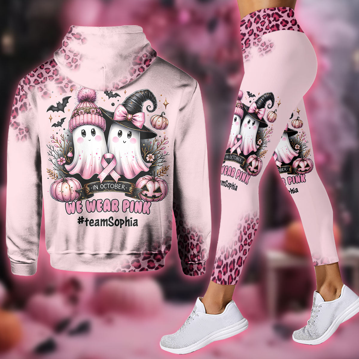 En octobre, on porte du rose - Sweat à capuche et legging personnalisés pour la sensibilisation au cancer du sein