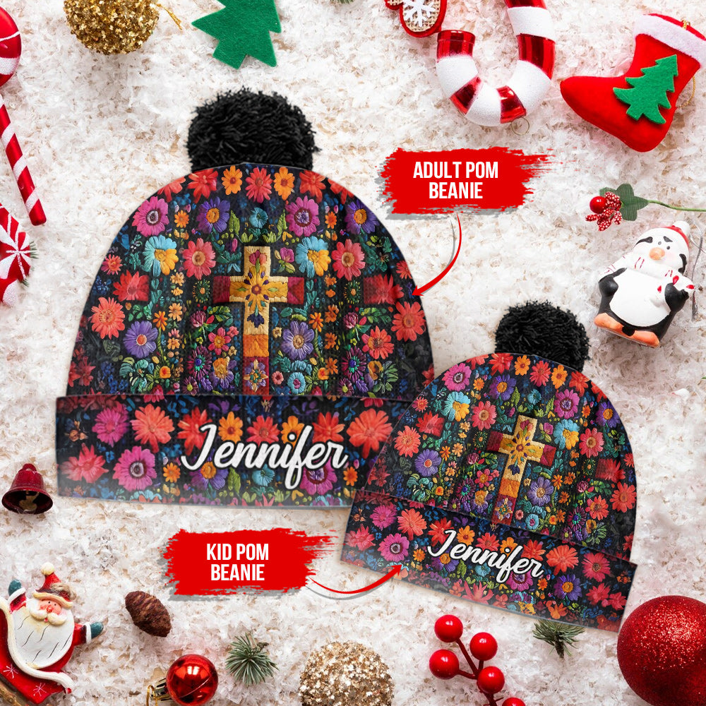 Croix florale - Bonnet chrétien personnalisé