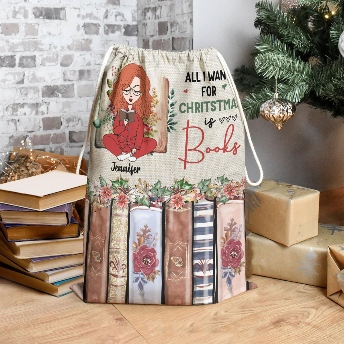 Tout ce que je veux pour Noël, ce sont des livres - Sac fourre-tout à cordon personnalisé avec des livres