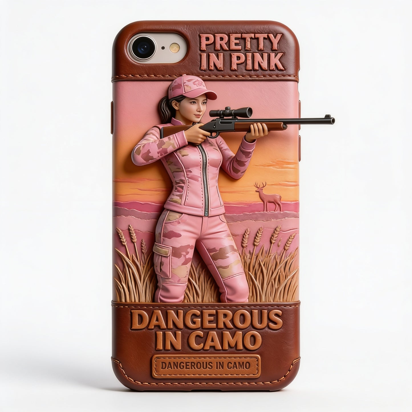 Custom Any Photo Dangerous In Camo - Personalized Hunting Leather Phone Case