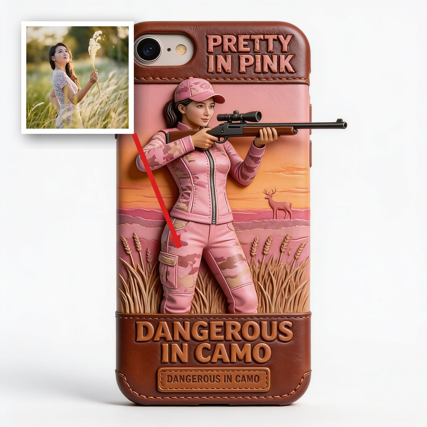 Custom Any Photo Dangerous In Camo - Personalized Hunting Leather Phone Case