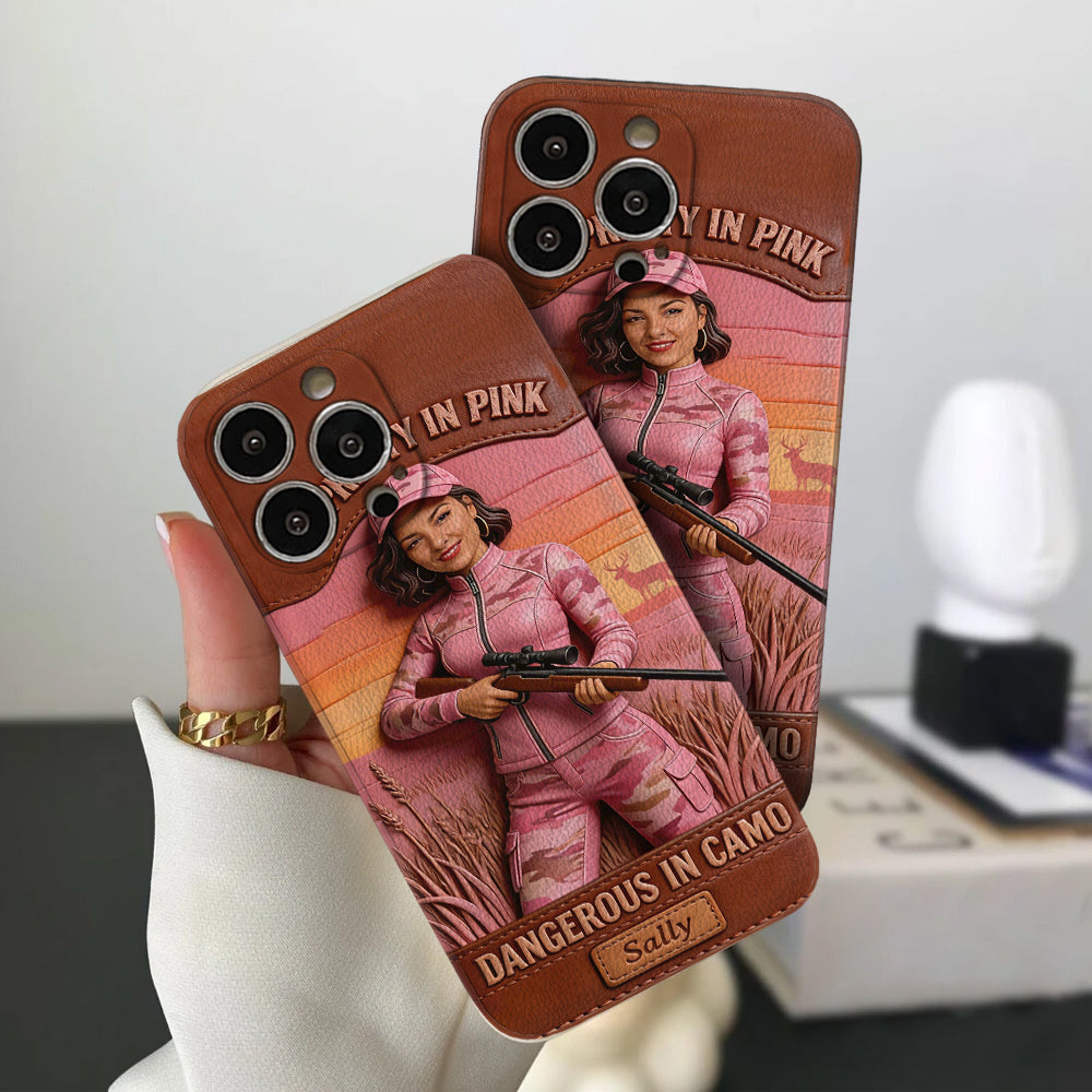 Custom Any Photo Dangerous In Camo - Personalized Hunting Leather Phone Case