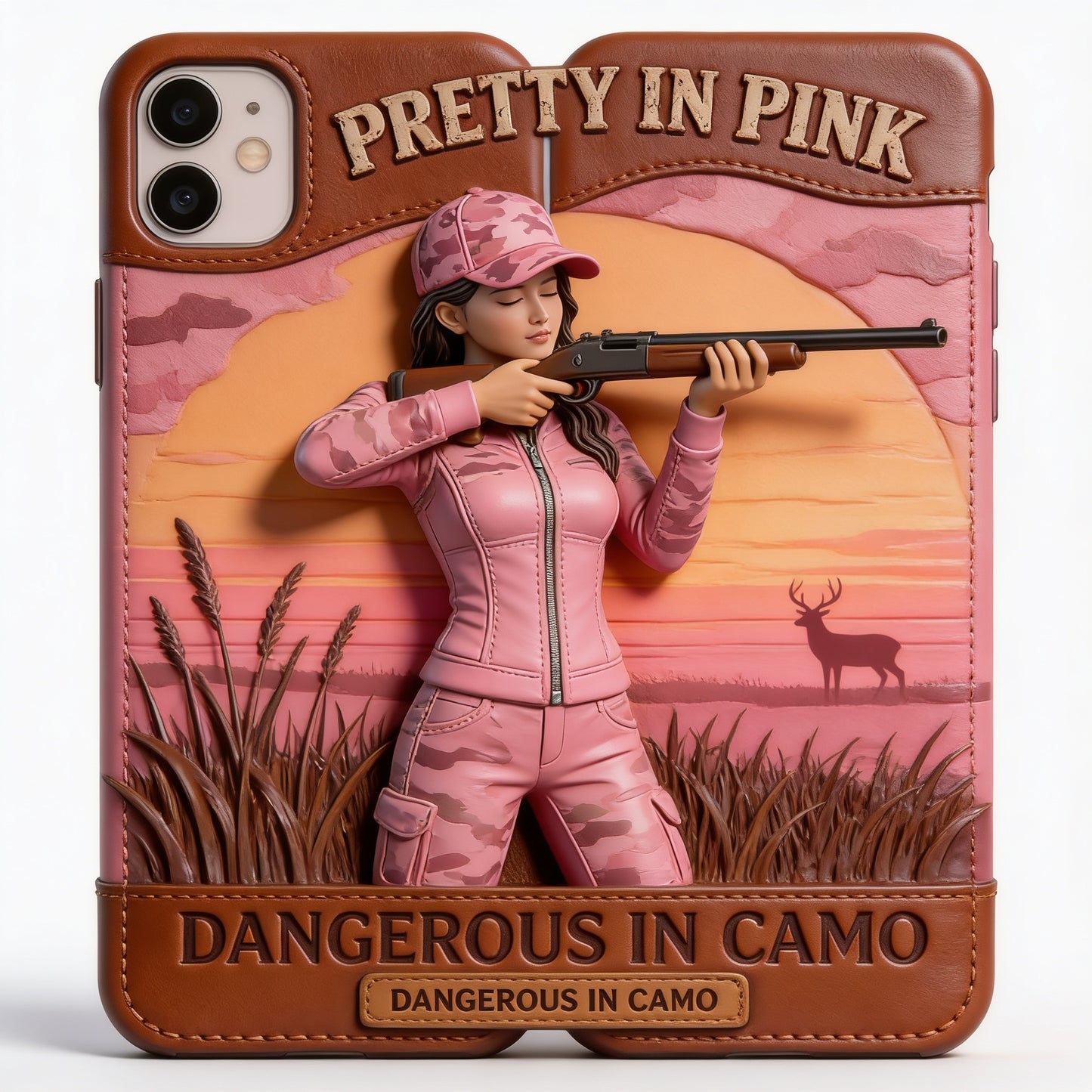 Custom Any Photo Dangerous In Camo - Personalized Hunting Leather Phone Case