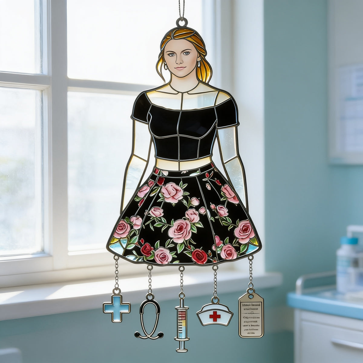 Gift For Young Woman - Custom Any Photo - Personalized Young Woman Window Hanging Suncatcher With Charms