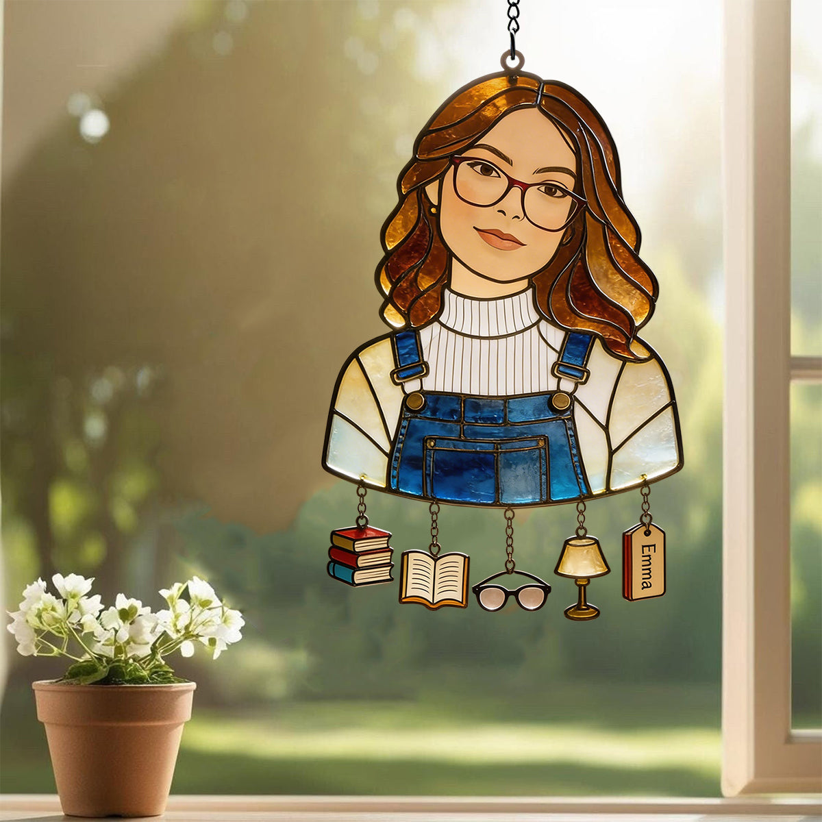 Love Reading - Personalized Book Window Hanging Suncatcher With Charms