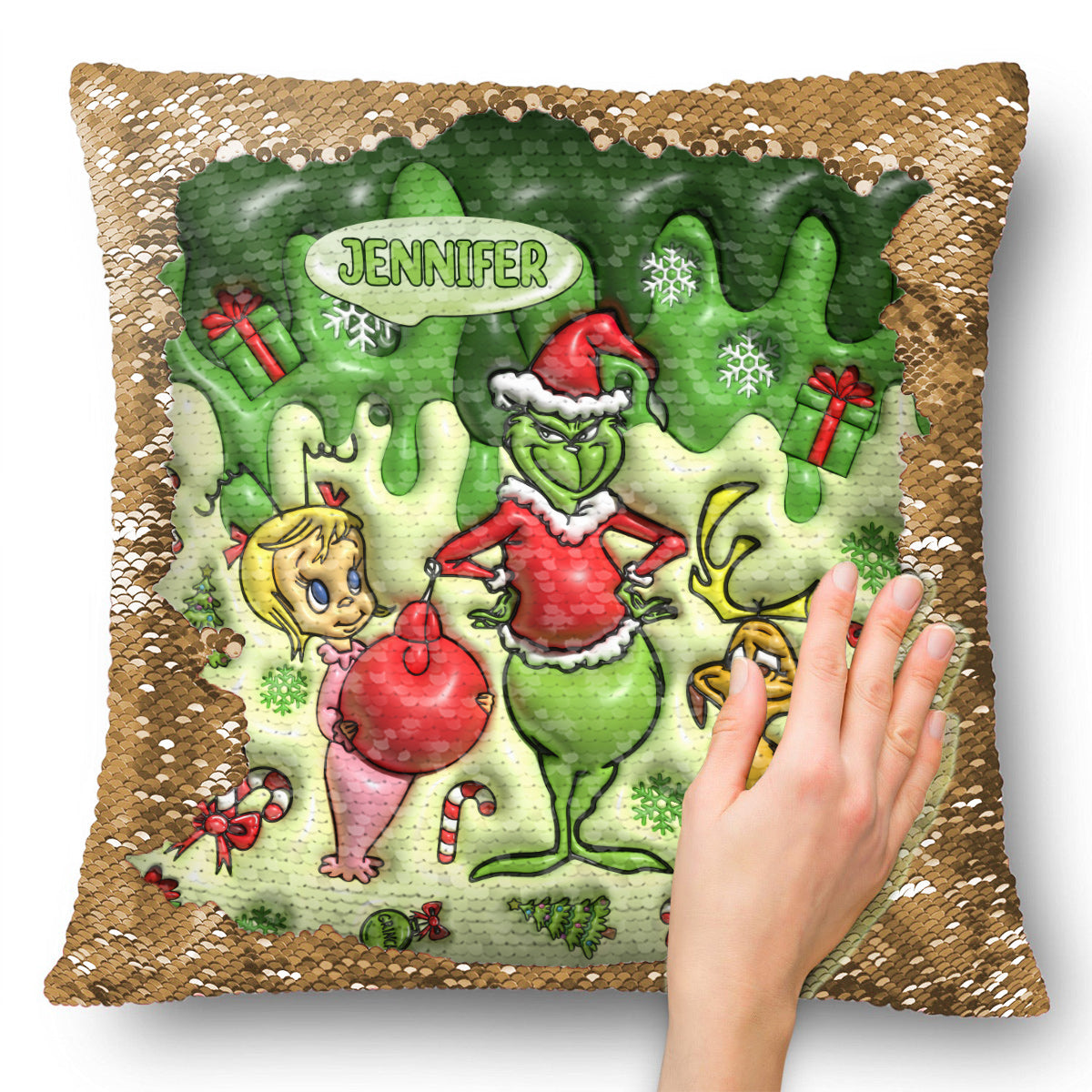 Merrry Christmas Green Mischief - Personalized Stole Christmas Sequin Pillow Cover