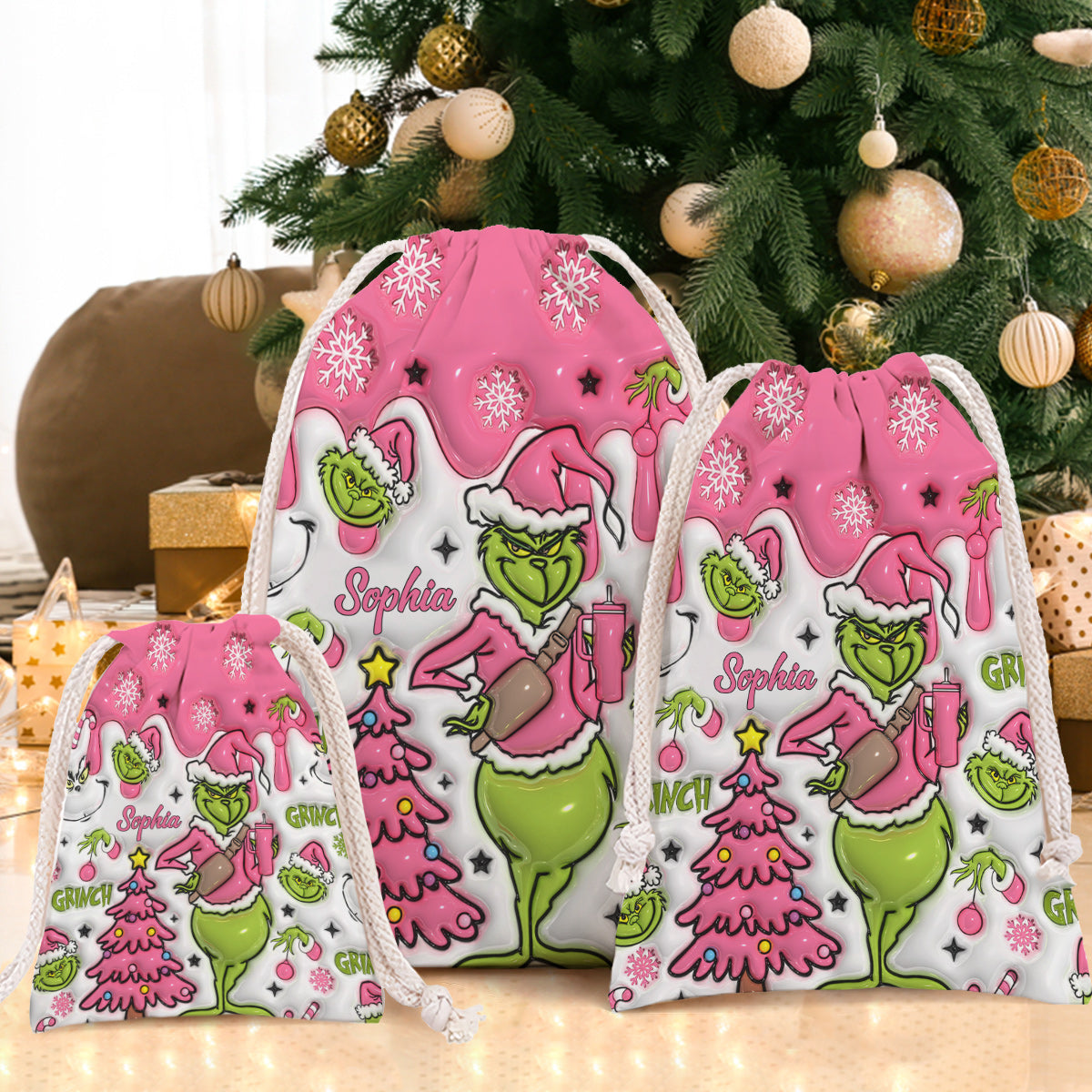 Joyeux Grinchmas - Sac fourre-tout de Noël personnalisé avec étole et cordon de serrage