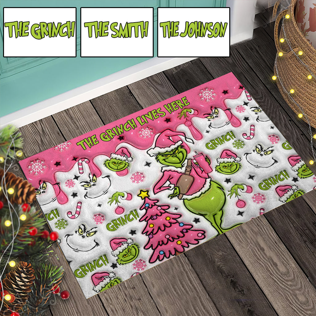 The Grinch Lives Here - Personalized Stole Christmas Doormat