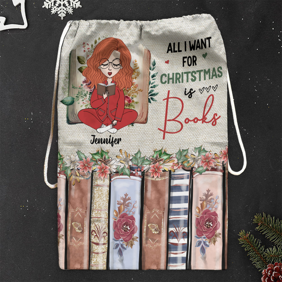 Tout ce que je veux pour Noël, ce sont des livres - Sac fourre-tout à cordon personnalisé avec des livres