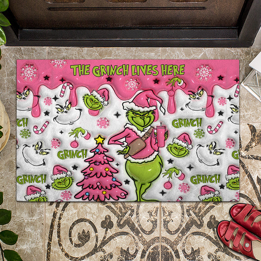 The Grinch Lives Here - Personalized Stole Christmas Doormat