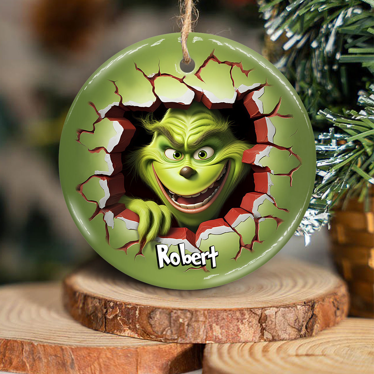 Joyeux Grinchmas - Ornement rond en céramique personnalisé en forme d'étole de Noël