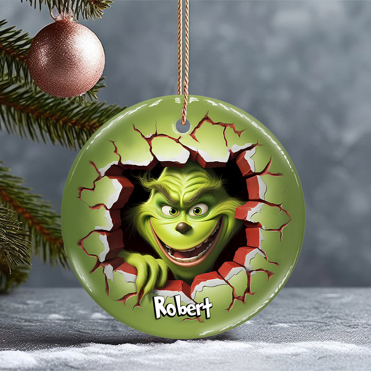 Joyeux Grinchmas - Ornement rond en céramique personnalisé en forme d'étole de Noël