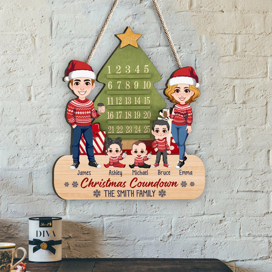 Compte à rebours de Noël en famille - Panneau en bois personnalisé pour la famille