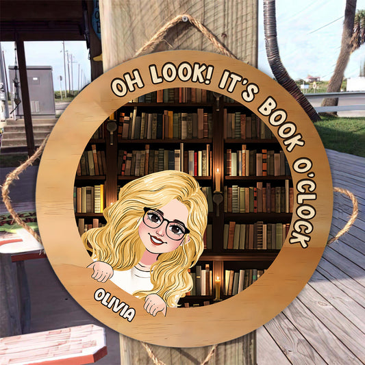 C'est l'heure du livre ! - Panneau rond en bois personnalisé avec des livres