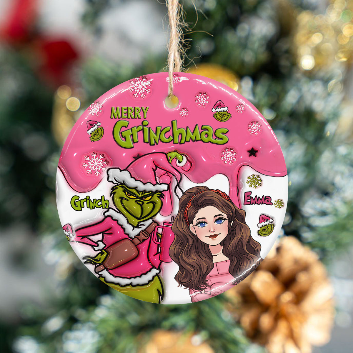 Joyeux Grinchmas - Ornement rond en céramique personnalisé en forme d'étole de Noël