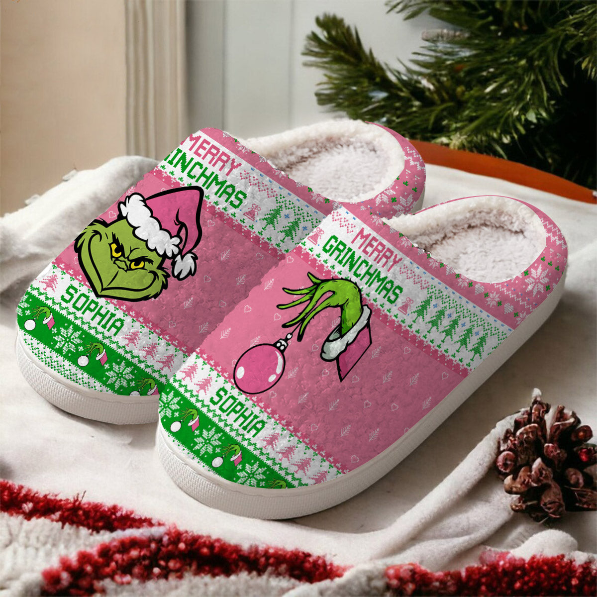 Joyeux Grinchmas - Étole de Noël personnalisée - Pantoufles de Noël