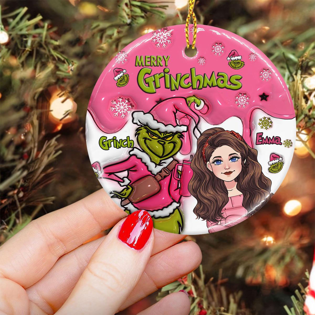 Joyeux Grinchmas - Ornement rond en céramique personnalisé en forme d'étole de Noël