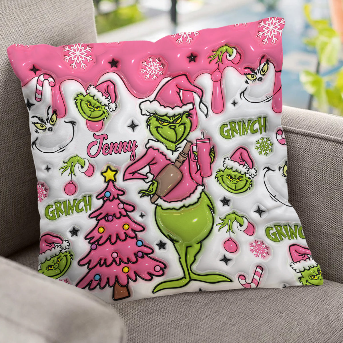 Joyeux Grinchmas - Coussin décoratif de Noël personnalisé avec étole