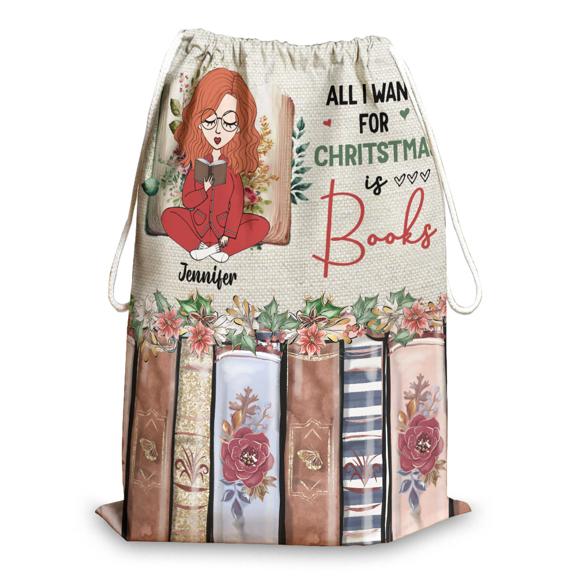 Tout ce que je veux pour Noël, ce sont des livres - Sac fourre-tout à cordon personnalisé avec des livres