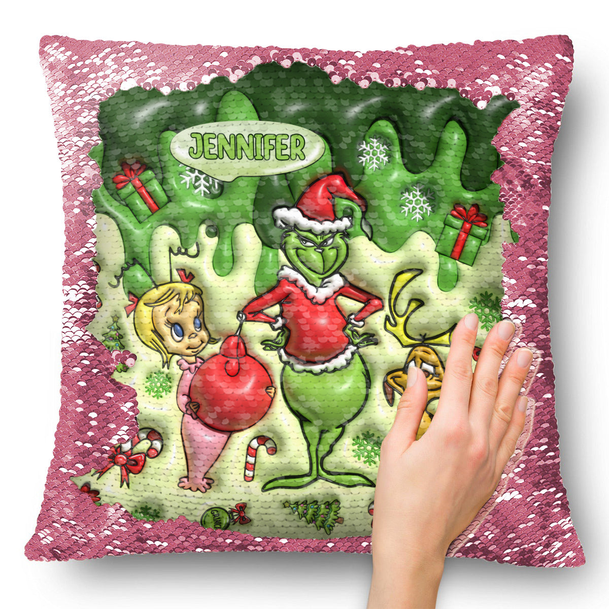 Merrry Christmas Green Mischief - Personalized Stole Christmas Sequin Pillow Cover