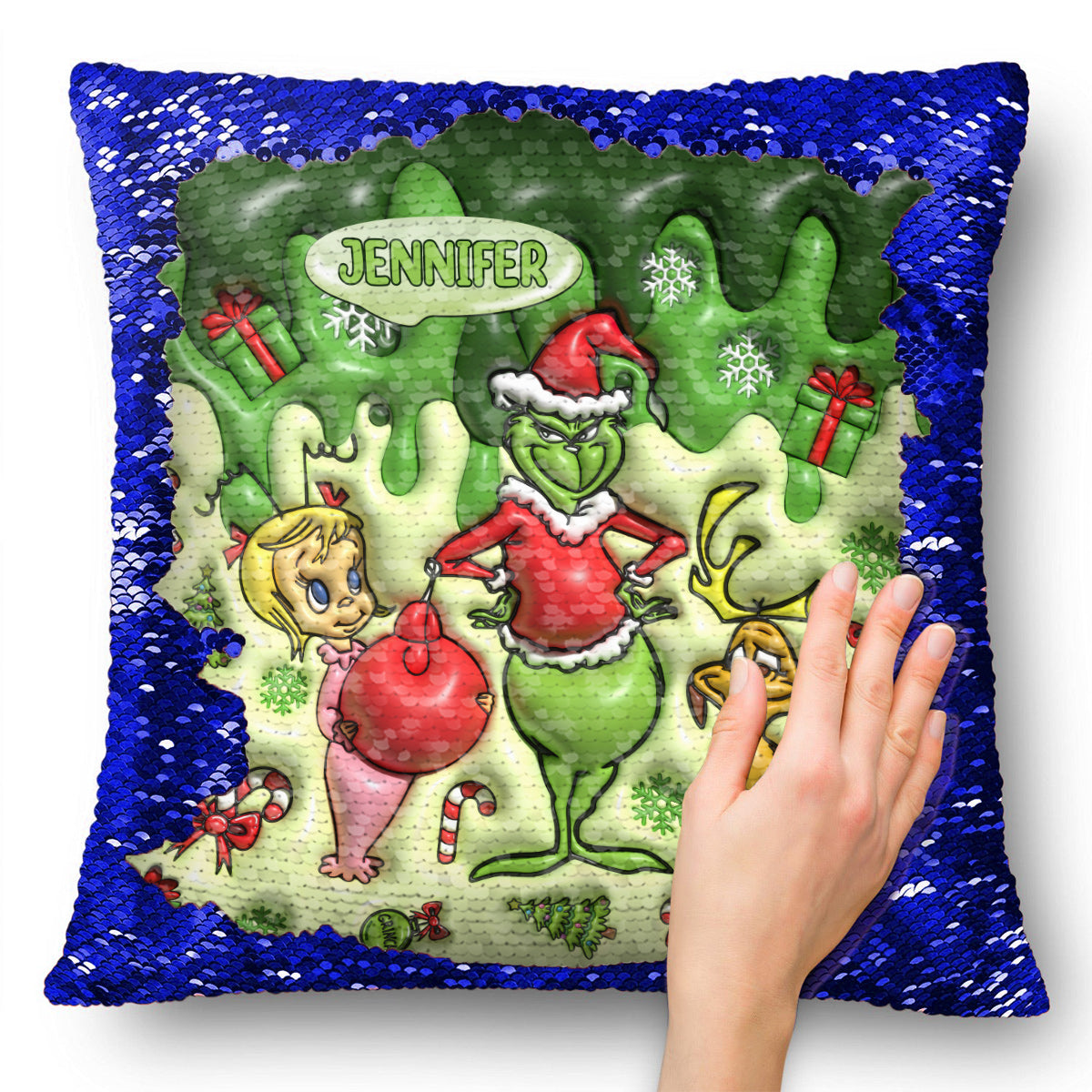Merrry Christmas Green Mischief - Personalized Stole Christmas Sequin Pillow Cover