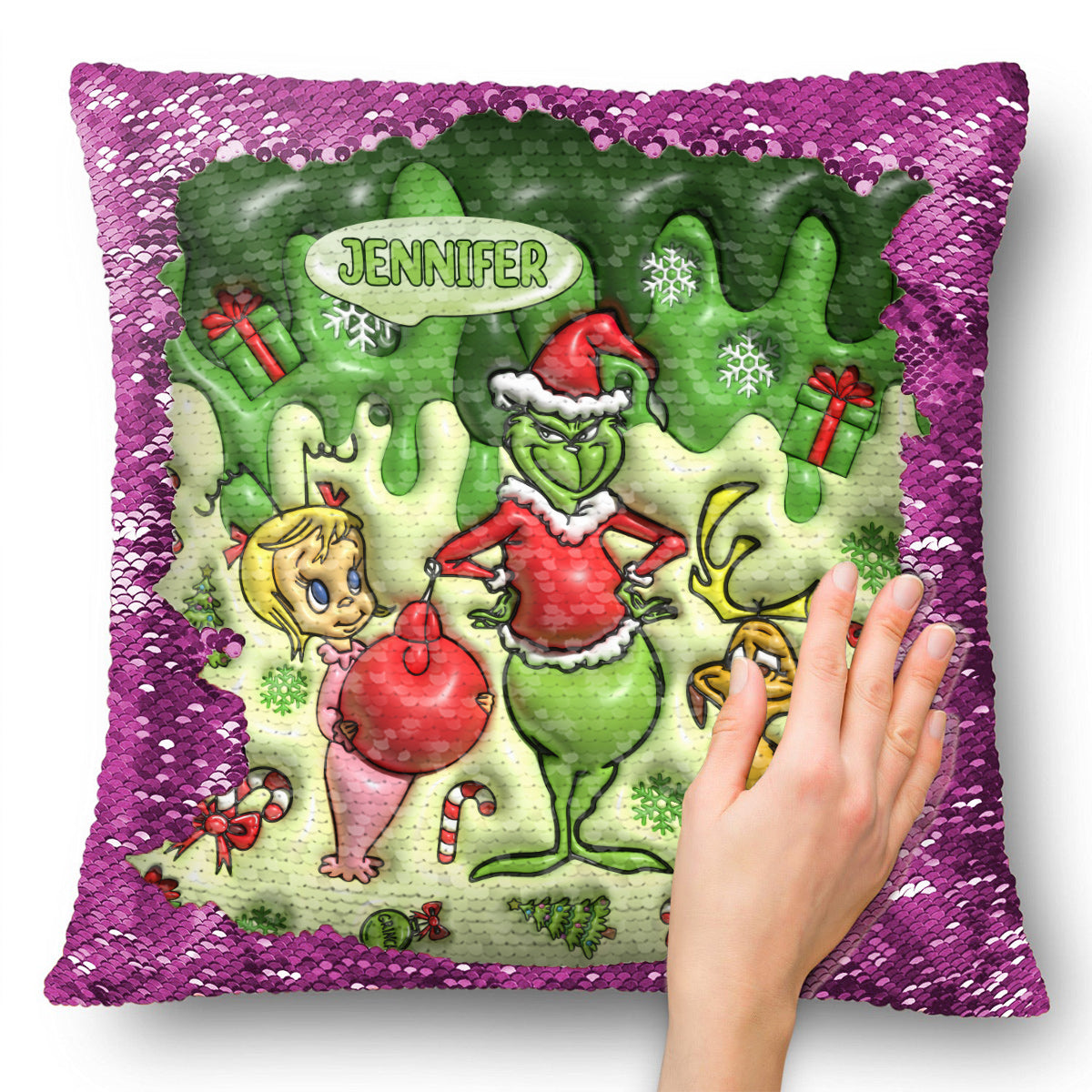 Merrry Christmas Green Mischief - Personalized Stole Christmas Sequin Pillow Cover