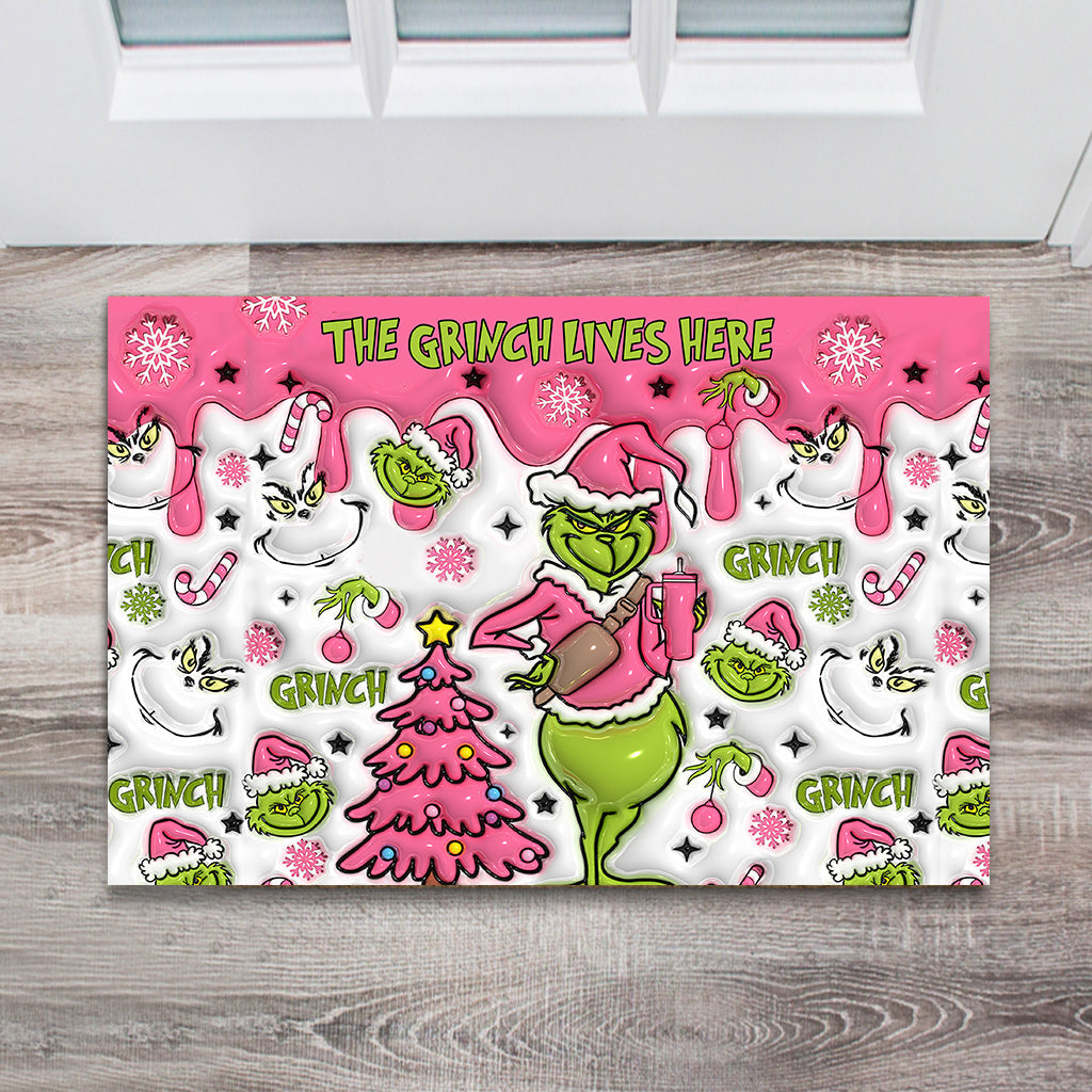 The Grinch Lives Here - Personalized Stole Christmas Doormat