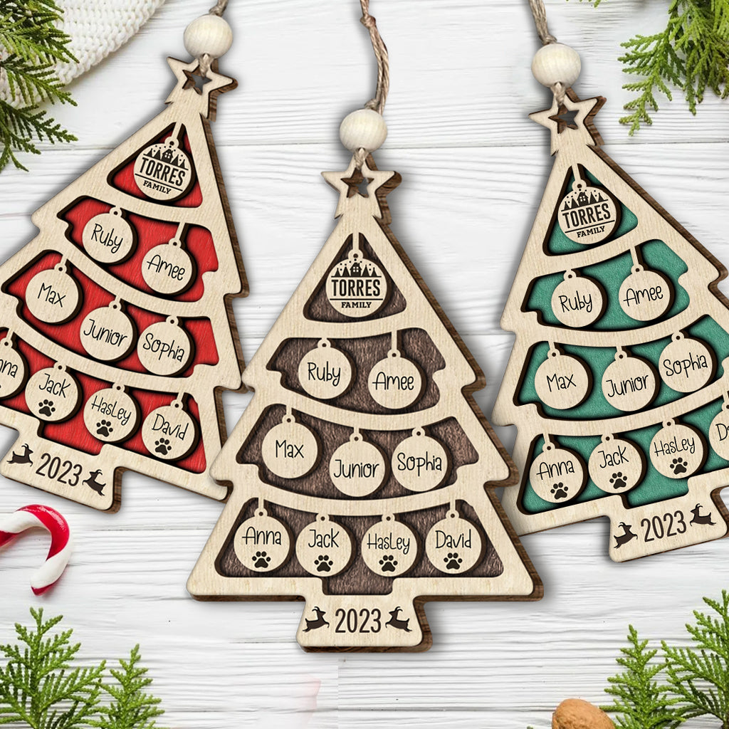 Family Name Christmas Tree Many Colors - Personalized Family Layered Wood Ornament