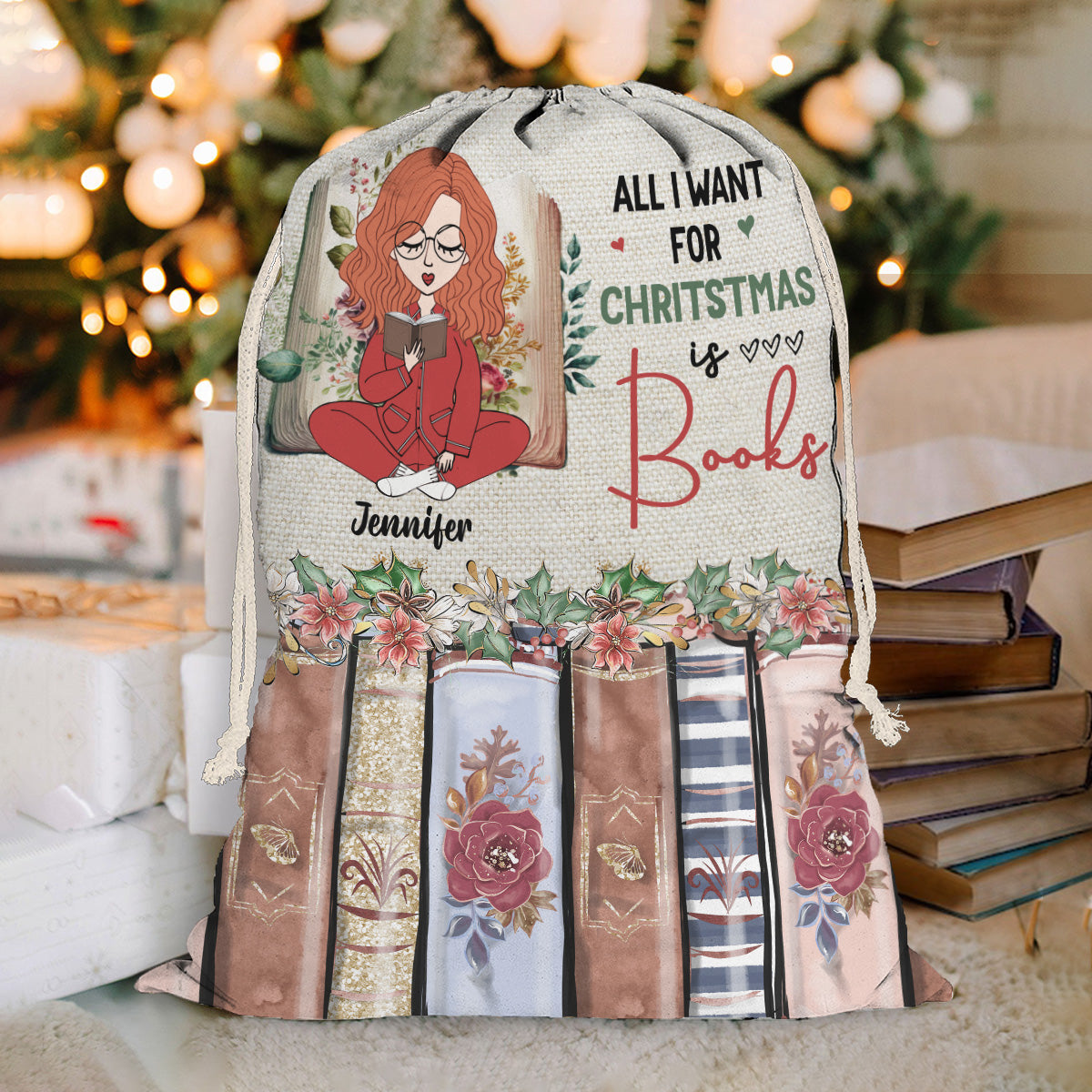 Tout ce que je veux pour Noël, ce sont des livres - Sac fourre-tout à cordon personnalisé avec des livres