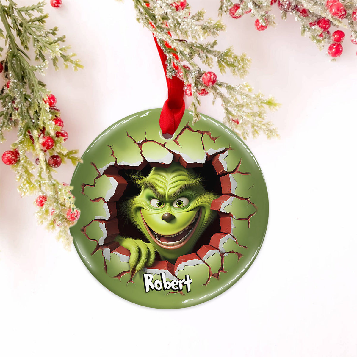 Joyeux Grinchmas - Ornement rond en céramique personnalisé en forme d'étole de Noël
