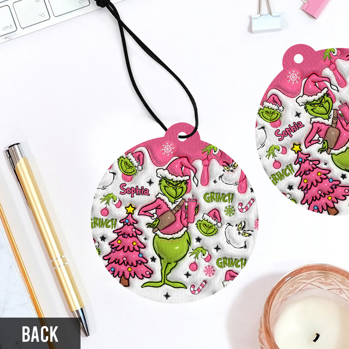 Désodorisant rond personnalisé Flocons de neige roses - Nom au choix