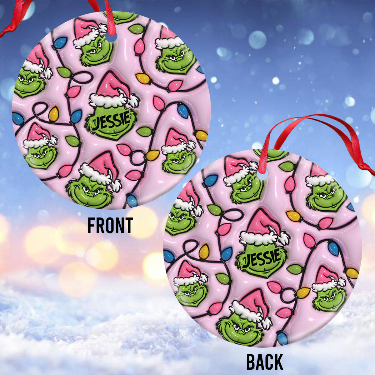 Vert et rose - Ornement rond en céramique personnalisé pour Noël - Étole