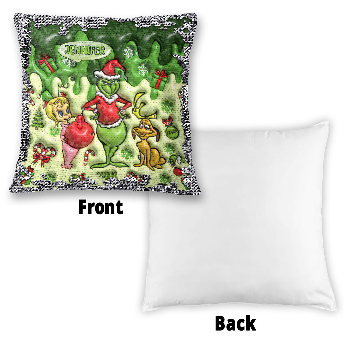 Merrry Christmas Green Mischief - Personalized Stole Christmas Sequin Pillow Cover