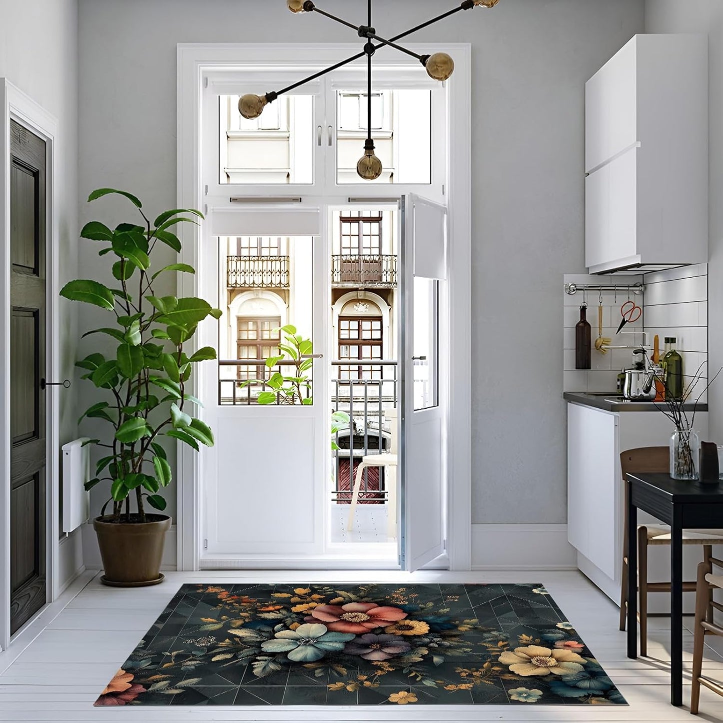 Tapis à motifs floraux, feuilles et plantes, antidérapant et lavable, pour l'intérieur. Tapis à poils courts qui ne perd pas ses poils, idéal pour le salon, la chambre, la salle à manger et la décoration intérieure. 