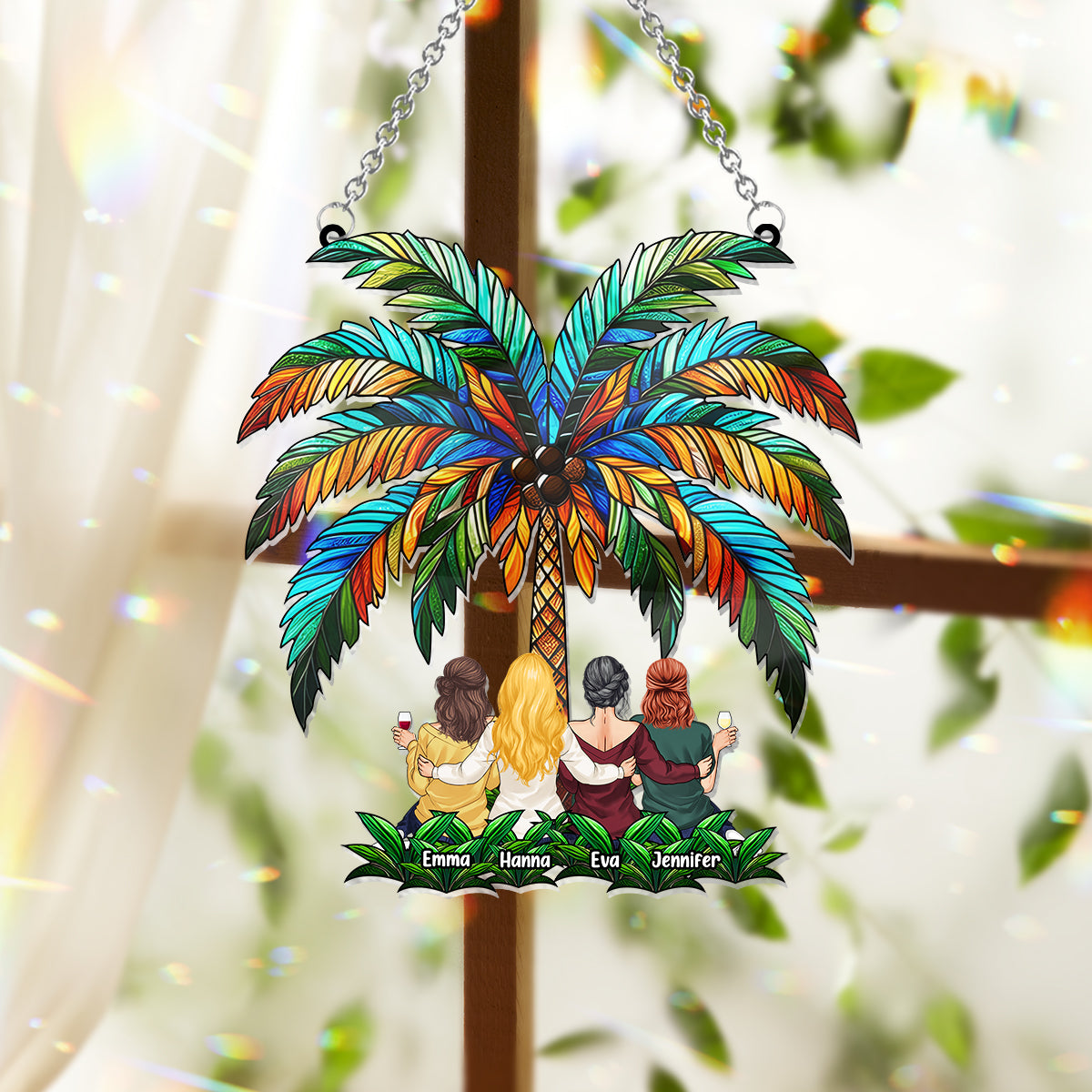 Besties Under The Palm Tree - Personalized Bestie Window Hanging Suncatcher Ornament