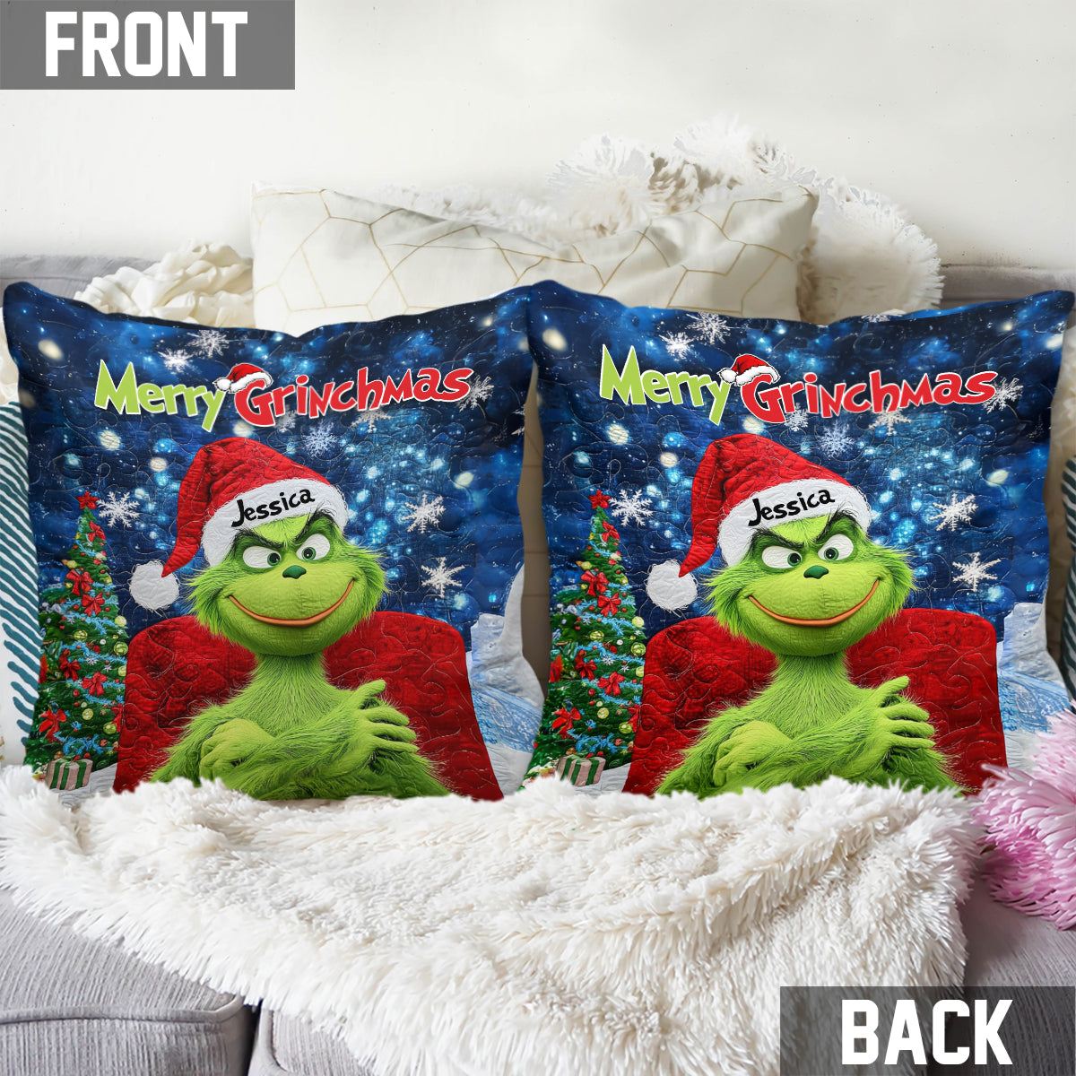 Joyeux Grinchmas - Coussin décoratif de Noël personnalisé avec étole