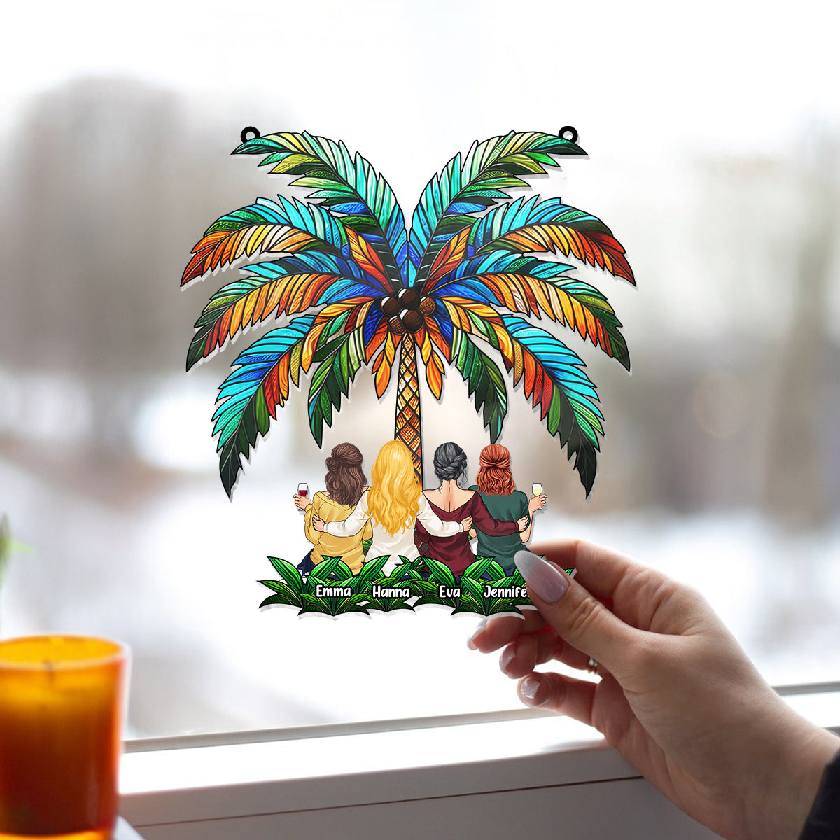 Besties Under The Palm Tree - Personalized Bestie Window Hanging Suncatcher Ornament