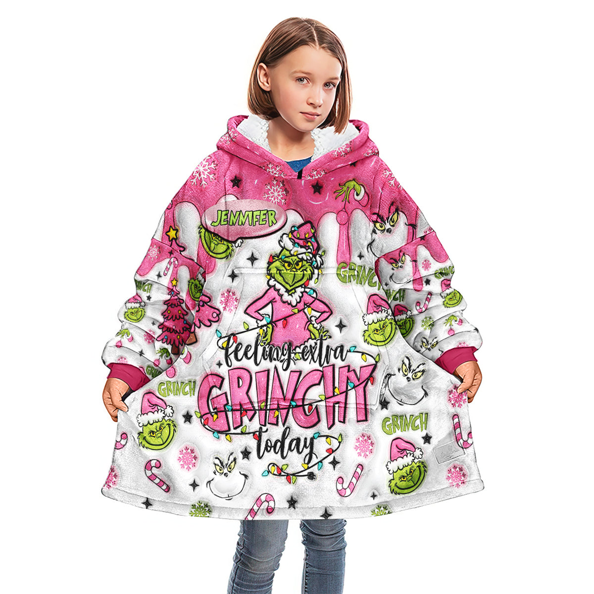 Custom Any Name Feeling Extra Grinchy Today - Personalized Stole Christmas Blanket Hoodie