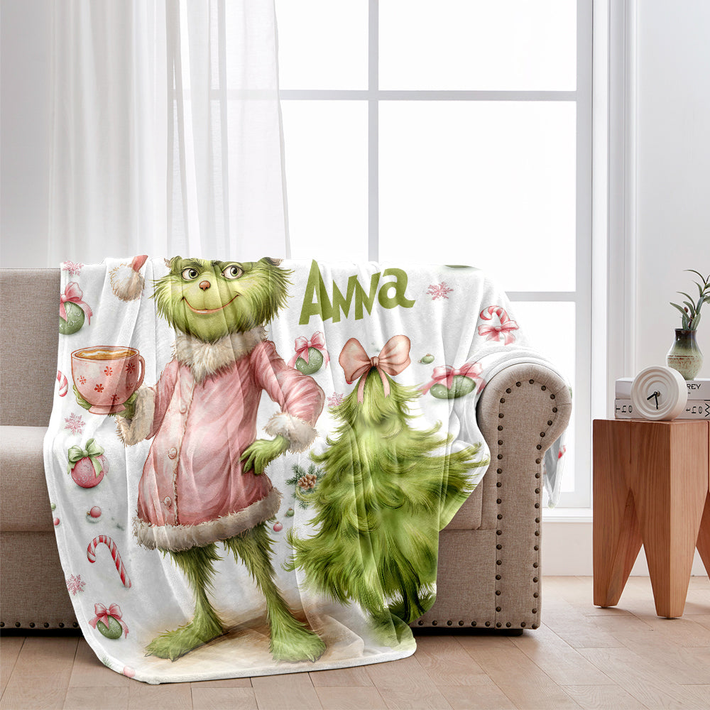 Étole de Noël personnalisée rose Grinchy et verte - Couverture de Noël
