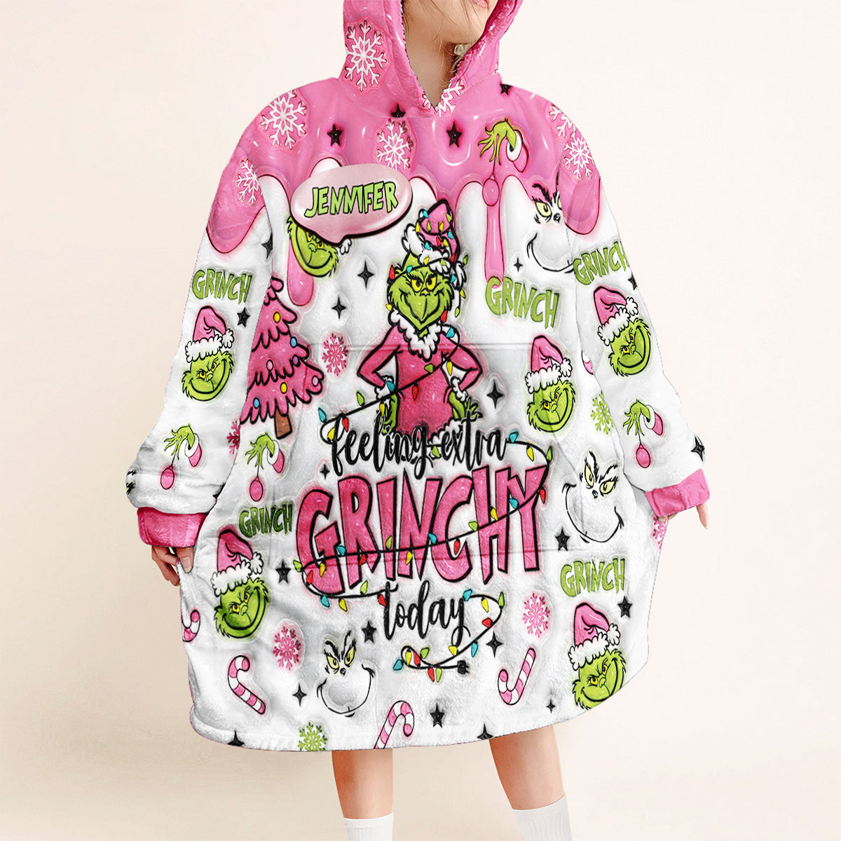 Custom Any Name Feeling Extra Grinchy Today - Personalized Stole Christmas Blanket Hoodie