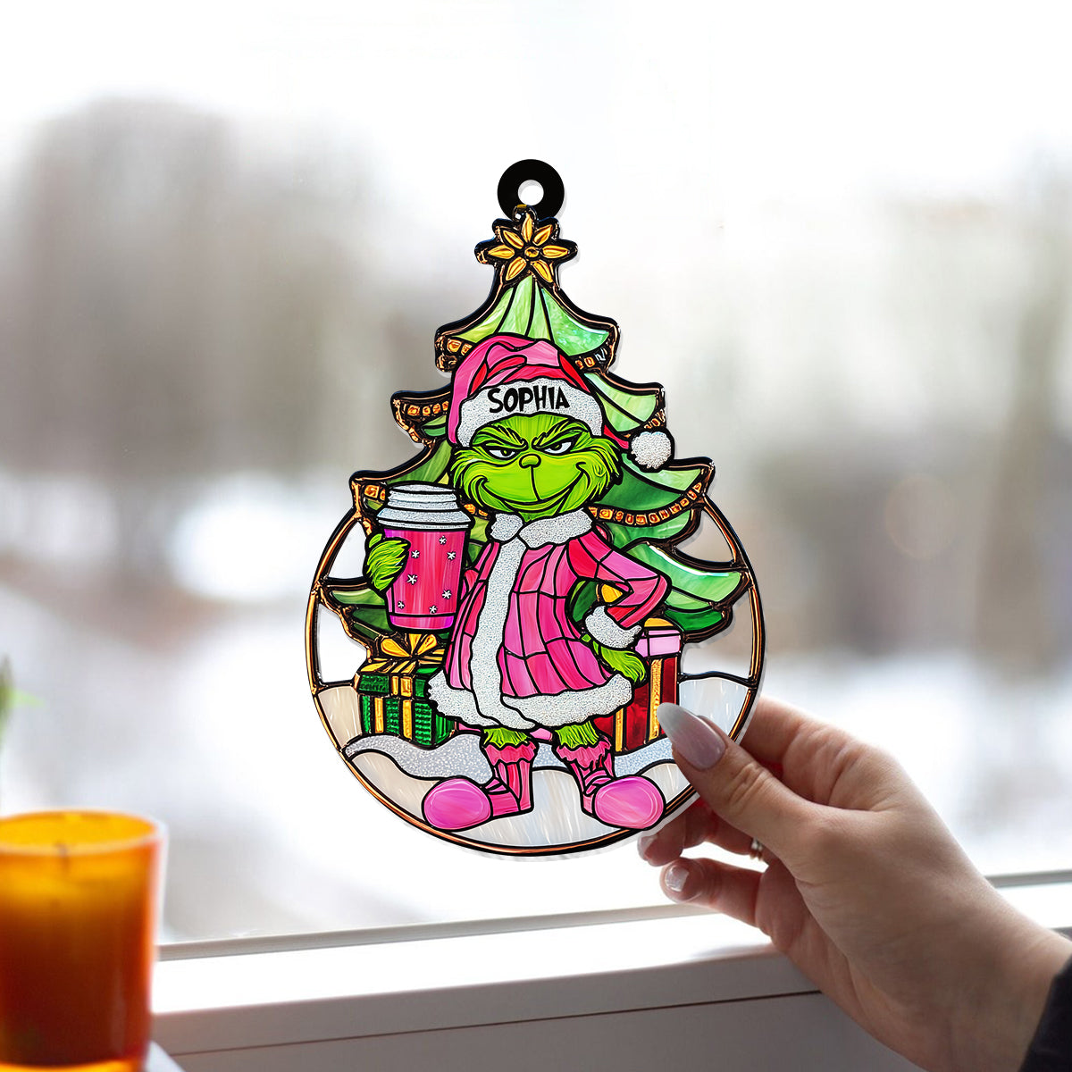 Grinchy Green Lady - Personalized Stole Christmas Window Hanging Suncatcher Ornament