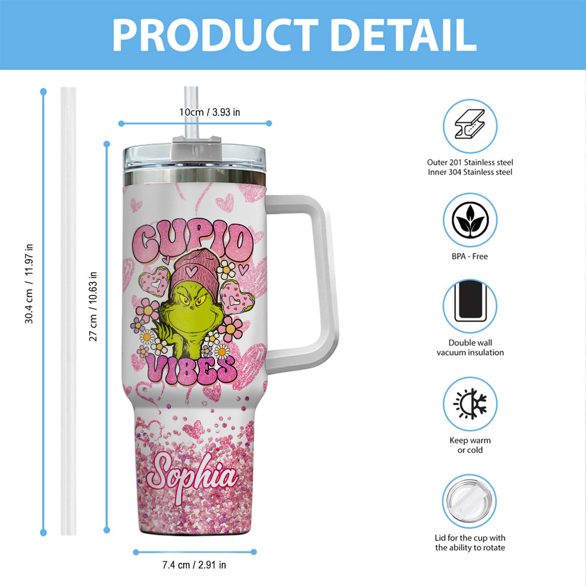 Cupid Vibes - Personalized Stole Christmas Tumbler With Handle