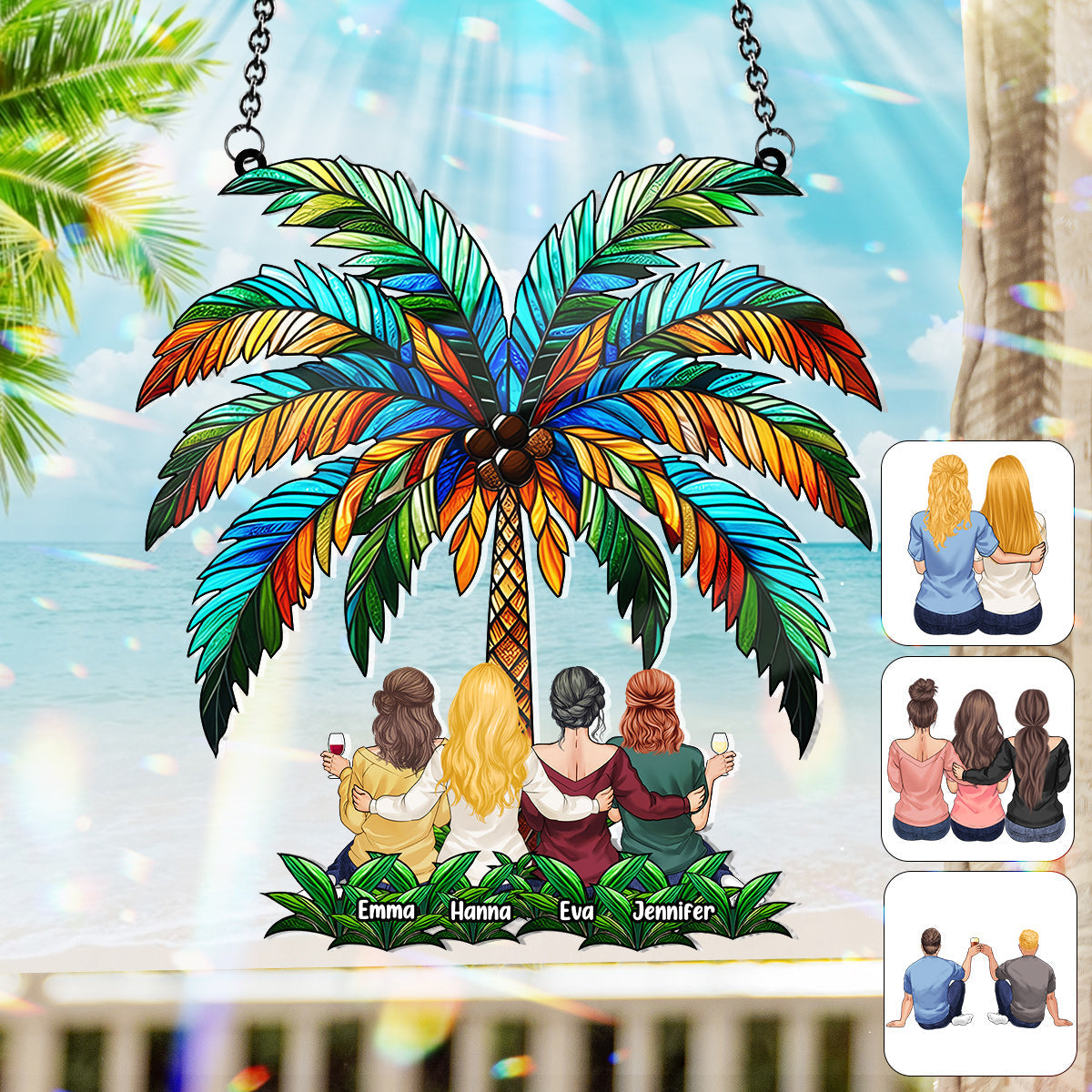 Besties Under The Palm Tree - Personalized Bestie Window Hanging Suncatcher Ornament