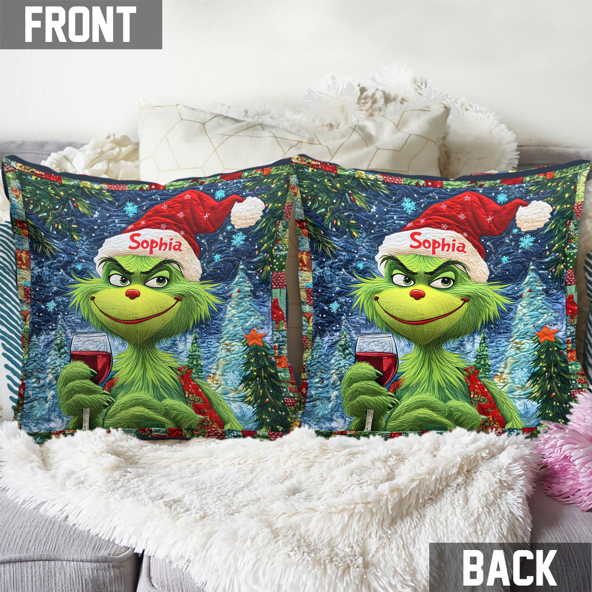 Joyeux Grinchmas - Coussin décoratif de Noël personnalisé avec étole