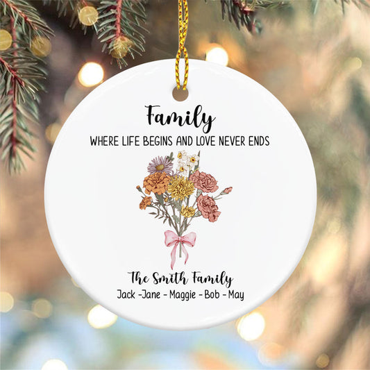 Family Where Life Begins and Love Never Ends - Personalized Family Ceramic Circle Ornament